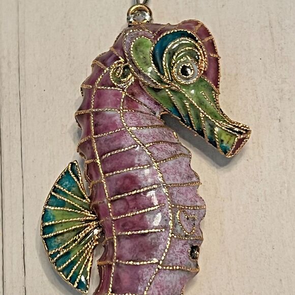Vtg Cloisonne Enamel SEA HORSE Ornament Purple Green Gold Trim Decorative Art - Picture 5 of 7